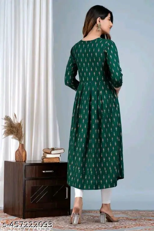 Dark green printed cotton anarkali dress
