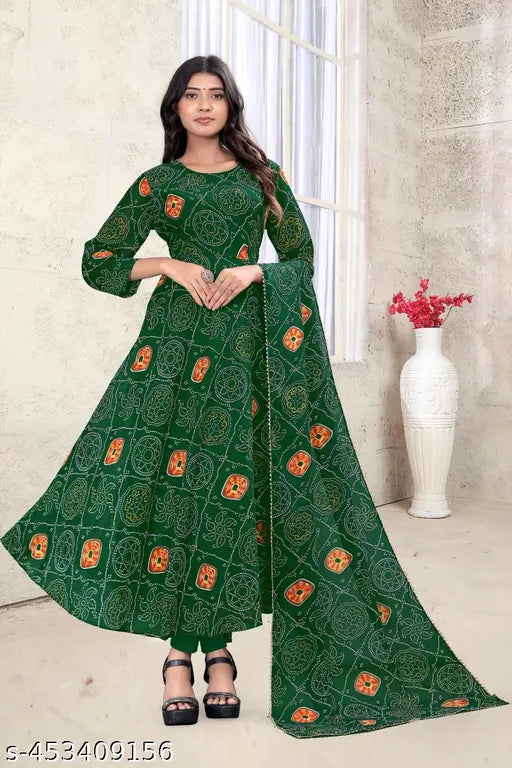 Green Georgette Gown with Floral Prints and Dupatta, India-origin, three-quarter sleeves, perfect for special occasions