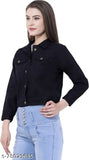 Women's solid denim long sleeve jacket from India, enhancing a sophisticated look with regular collar and closure button on front