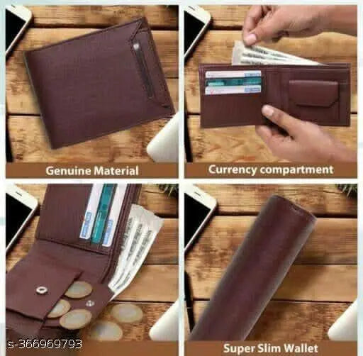 Brown faux leather bi-fold wallet with 2 compartments and multiple card slots, ideal for men's everyday essentials