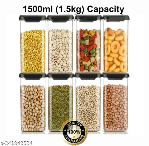 Black airtight kitchen storage containers, set of 8, 1500ml capacity