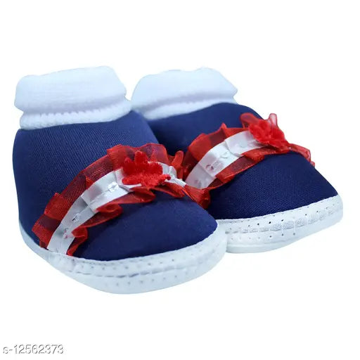Navy blue cotton flower booties/sock set for baby, embellished PVC sole and slip-on design, suitable for both boy & girl from 0 to 12 months