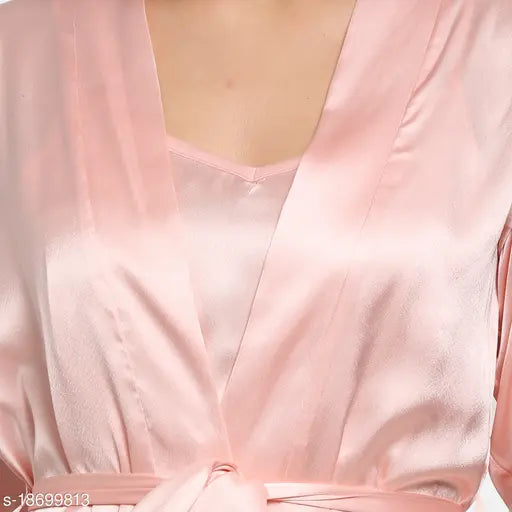 Satin night suit set with robe and lingerie loungewear for women, solid pattern, long-sleeved top and short bottoms, Indian origin