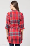 Women's red checkered tunic, three-quarter sleeves, cotton fabric, printed net design, XS or S size, Indian origin