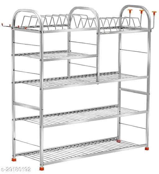 Silver metal 5 shelf wall mount kitchen rack, stainless steel
