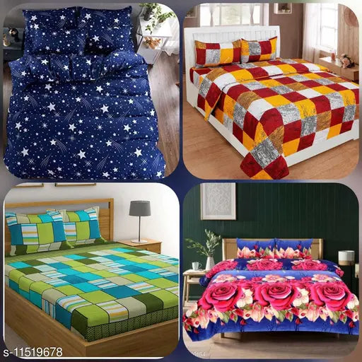 Trendy polycotton queen double bedsheets set, 160 thread count, pack of 4 with 8 pillow covers, Indian origin