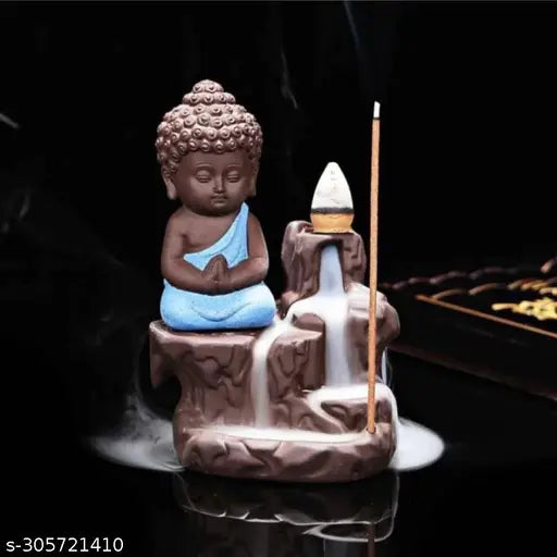 Blue and yellow polyresin figurine incense burner backflow smoke fountain frontside combo