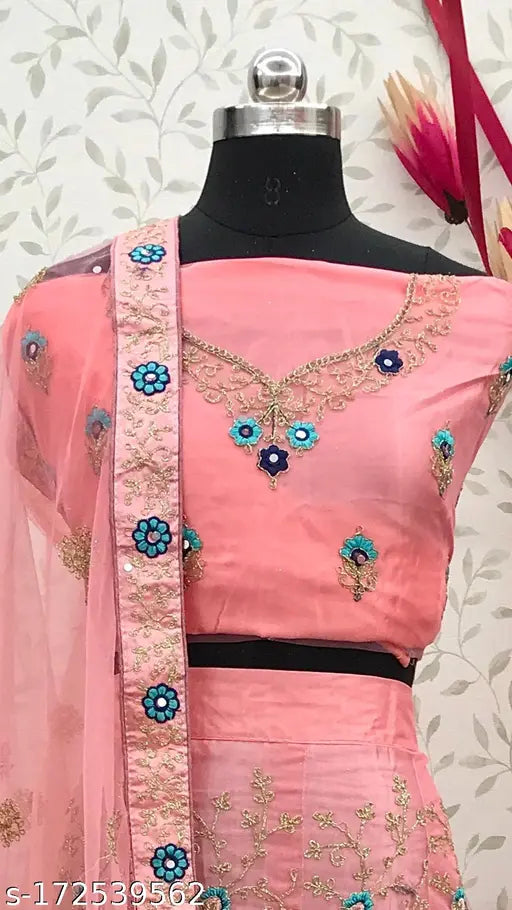 Pink net Lehenga Choli with exquisite embroidery work, ideal for weddings and special occasions. Embroidered Indian lehenga set with free size, 2.5m dupatta length, and matching blouse piece. Perfect for festivals, parties, bridal events, functions, trips, and gifts