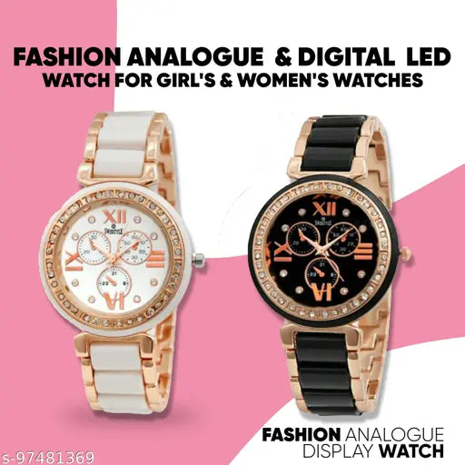 Metal watch with black and white dials, featuring chains, suitable for girls