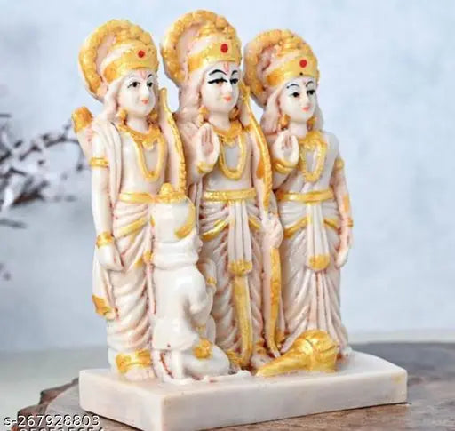 Hindu temple style statue set with Lord Rama, Sita, and Laxman, seated on throne, in traditional attire