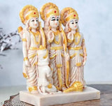 Hindu temple style statue set with Lord Rama, Sita, and Laxman, seated on throne, in traditional attire