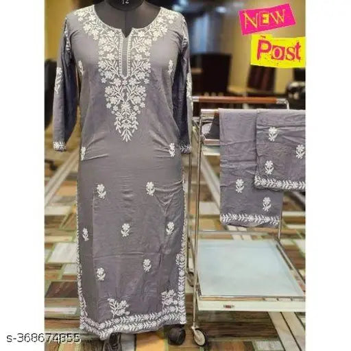 Rayon Chikankari print kurta set with pants, three-quarter sleeves, single size M-6XL, Indian handcrafted fashion