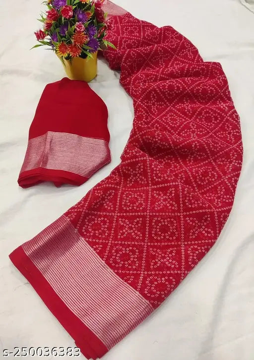 Trendy new chiffon saree, printed blouse in free size, India origin