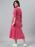 Pink cotton blend flared kurta with printed combo, three-quarter sleeves for women, Indian fashion
