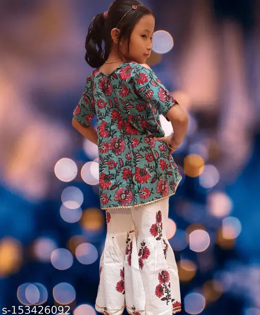 Printed cotton A-line girls kurta set with sharara bottom, sizes range from 6-12 months to 5-6 years, Indian traditional wear for kids