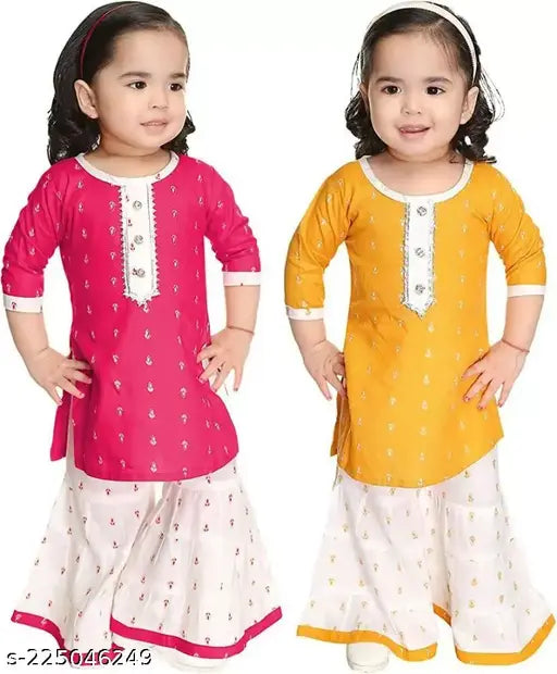 Printed rayon baby girls kurta sharara set combo for casual wear, suitable for parties and occasions