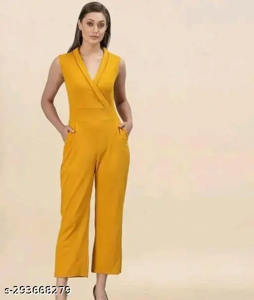Trendy viscose v-neck jumpsuit for women, sleeveless and solid pattern, size M (Bust 36in, Length 54in, Waist 30in, Hip 38in), Indian origin