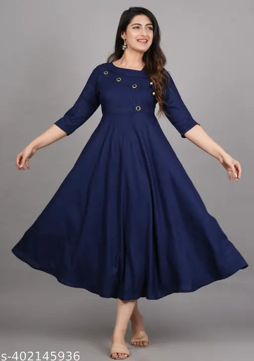 Blue viscose rayon Anarkali gown, solid partywear women's outfit with three-quarter sleeves, Indian-made fashion for special occasions