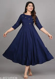 Blue viscose rayon Anarkali gown, solid partywear women's outfit with three-quarter sleeves, Indian-made fashion for special occasions