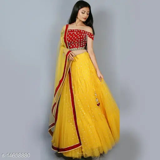 Attractive red net semi-stitched lehenga choli with embroidered top and embellished dupatta, satin bottomwear on hanger