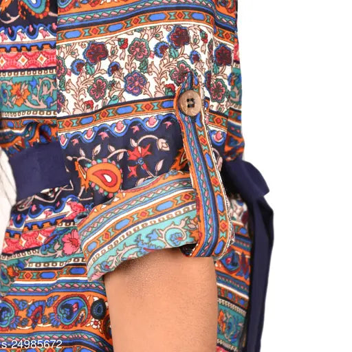 Indian print shirt dress, 3/4 length, short sleeves