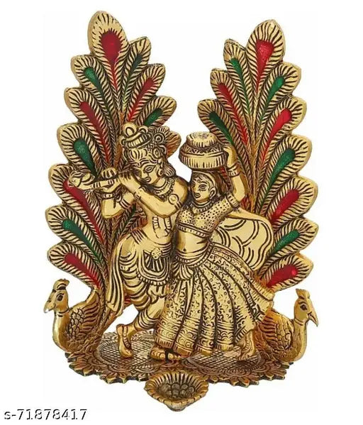 Metal radha krishna idol statue with diya, Hindu religious showpiece for puja decoration gift from India