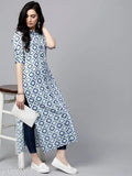 Navy and off-white printed cotton straight kurta for women, AKS Women design