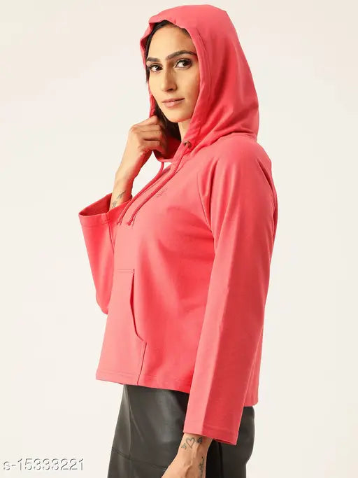 Laabha Women Pink Solid Hooded Pullover Sweatshirt