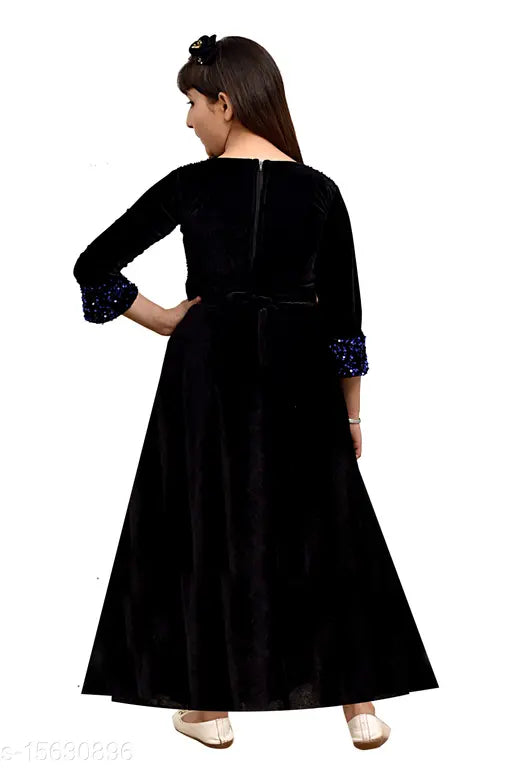 Blue silk frock dress for girls, embellished net pattern, three-quarter sleeves - single size, Indian handcrafted fashion