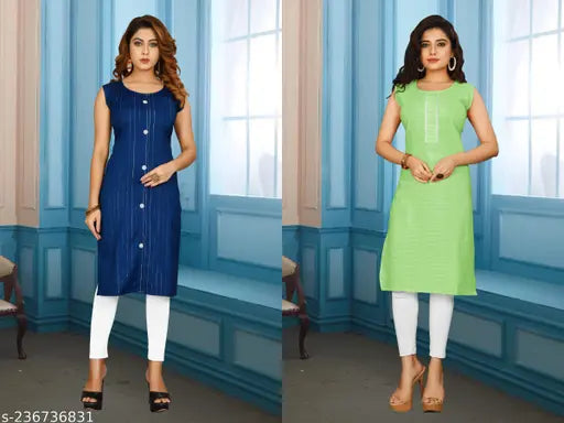 Blue-Green Rayon Straight Kurti for Girls, 100% Rayon designer kurti with sleeveless, printed combo. Ideal for daily wear and special occasions. Perfect ethnic dress for ladies, shop now!