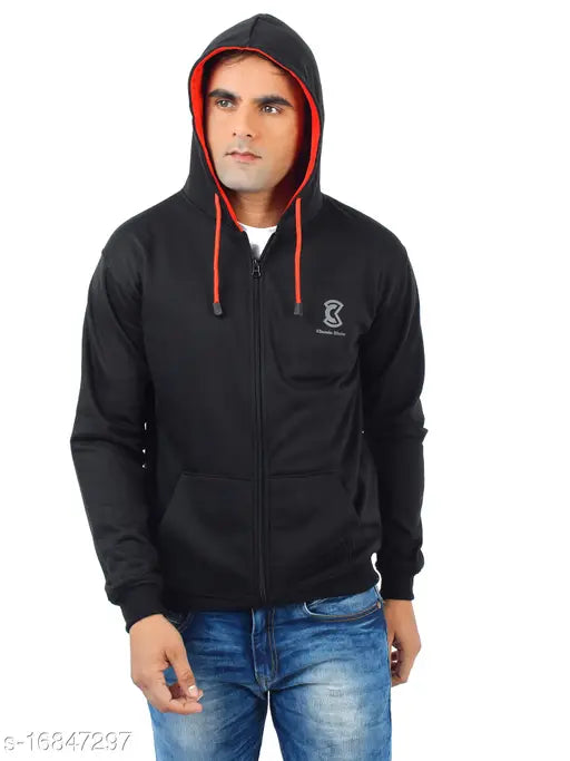 Black cotton blend Chanda Khuba men's full sleeve sweatshirt with kangaroo pocket pullover hoodie, zip - CKHD04-04 (S) on display