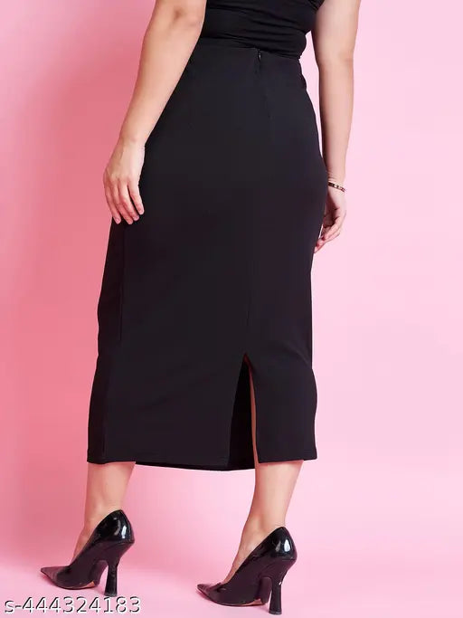 Plus size black pencil skirt, polycotton formal calf-length design with stretchable waist, available in various sizes including 34, 36, 38, 40, 42, and 44