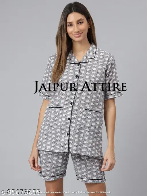 Jaipur Attire Women's printed cotton nightsuits with short sleeves and shorts, vibrant Indian-inspired design