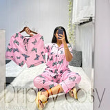 Silk blend butterfly print ladies night suit, luxurious sleepwear set for comfort and style