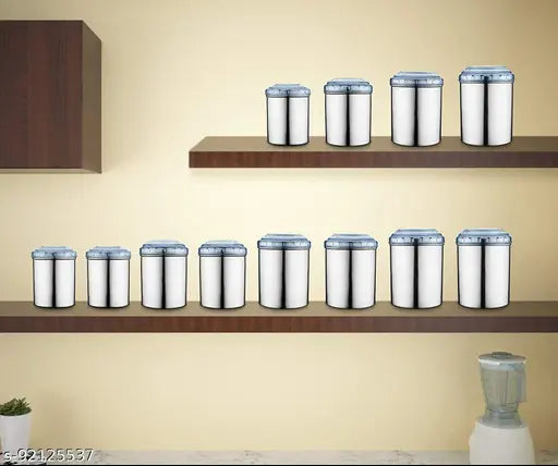 12 PCS Stainless Steel Canister Set with Blue PC Lids -12 Pcs Set