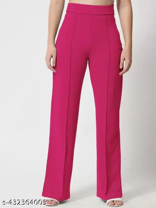 Trendy, high-rise bell bottom pants in a bright red color. These women's trousers feature wide legs that flare at the ends. Made from a matte fabric that gives them a sleek and stylish look, they are perfect for fashion-forward girls and women who want to stand out with their style. The pants appear to be of good quality, suggesting durability and comfort. They come in a combo set of four pieces