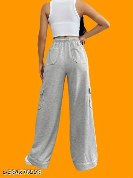 Grey cotton blend women's regular fit trousers with six pockets