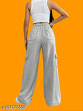 Grey cotton blend women's regular fit trousers with six pockets