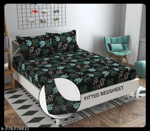 Multi-color elastic cotton 290TC fitted double bedsheet with 2 pillow covers (90x90 Full, 78x72 Fitted), ideal for summer use on 4-8 inch mattresses. Machine washable and durable