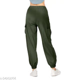Dark green cotton cargo pants, adjustable drawstring waistband, multiple pockets