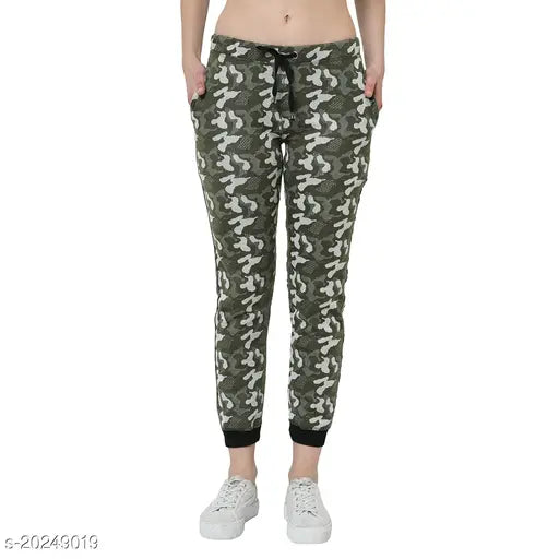 Women's green camo print straight fit trousers