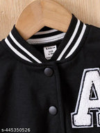 Stylish black and red kids bomber jacket with "A" emblem, trendy stripes, unisex design. Perfect for autumn outings or casual events. Available in sizes 12-18 months, 18-24 months, and 9-10 years. Made in India