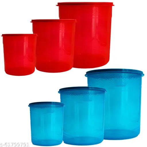 Set of six multipurpose storage containers in red and blue, plastic, for grocery use; comes with three 7L and three 12L options
