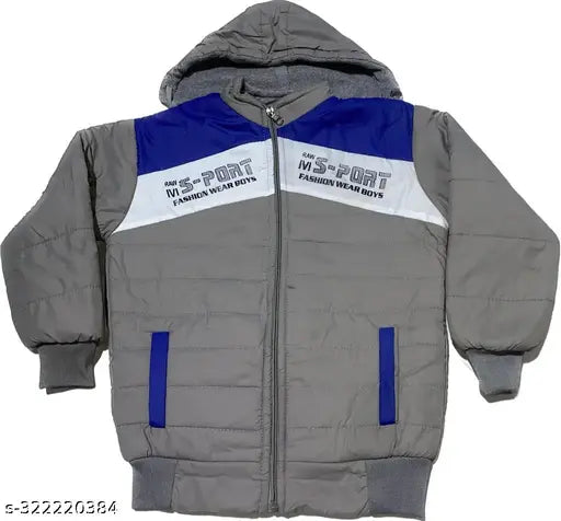 Gray zip-up hoodie with blue and white trim