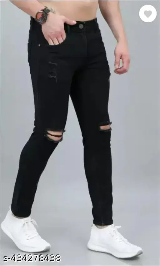 Black Lycra men's jeans by Shubham Garments, trendy damage style with comfortable fit and solid pattern