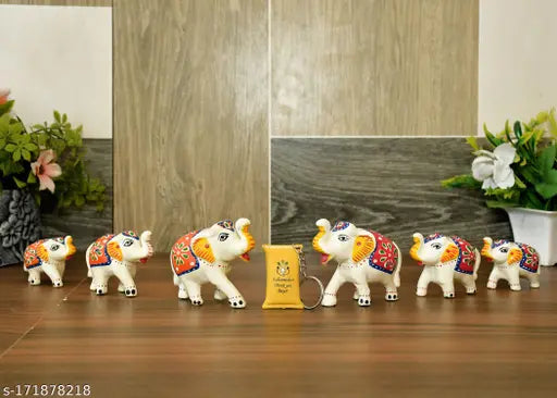 White, red, orange hand-painted paper mache elephant figurines set of 6 for home or office decor, 10cmL x 7cmW x 5cmH each