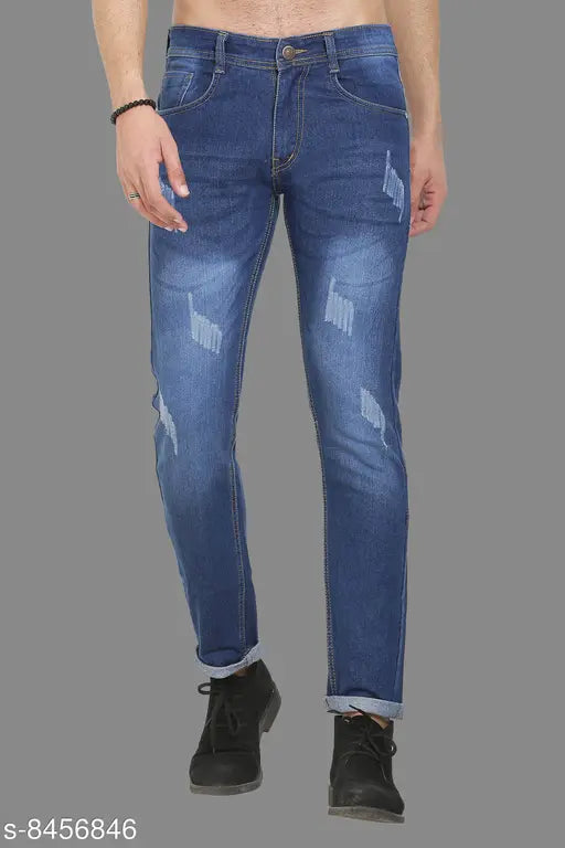 Damaged blue polycotton jeans for men, solid pattern, sizes 30-36 (L/H: 42in, W: 30-38in). Indian made denim wear