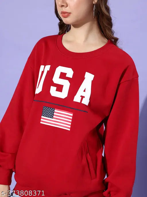 Red oversized cotton sweatshirt with printed design, women's size M, hooded style, India origin