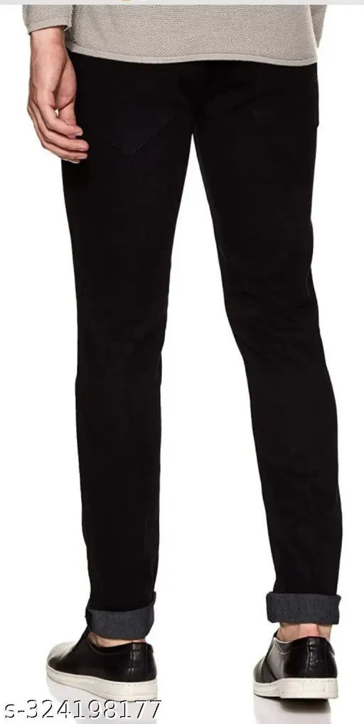 Black denim men's regular fit jeans, solid pattern, five pockets, mid-rise, button waist closure, clean wash, full length, from Naina Enterprises, India
