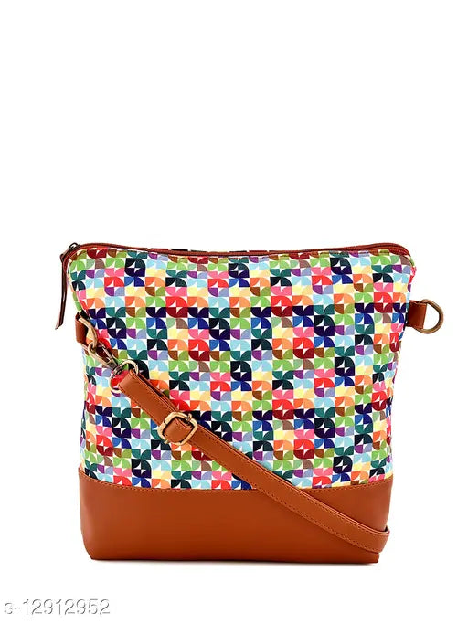 Colorful patterned handbag with brown leather handle and zip closure